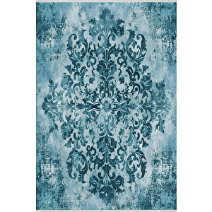 Vintage Damask Desenli Halı – Mavi Tonlar – Eskitme Sanat Dokunuşu, Kolay Temizlik, Makinede Yıkanabilir, Kaymaz Ve İnce Tabanlı 80x150 cm