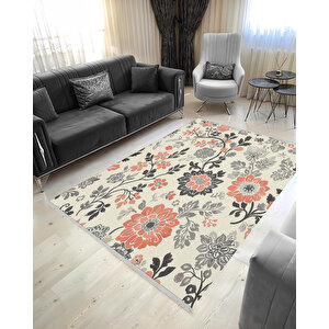 Çiçek Desenli Halı – Krem, Gri, Siyah Ve Turuncu Tonlar – Makinede Yıkanabilir, Toz Tutmaz, Kaymaz Taban, Evcil Hayvan Dostu 160x350 cm