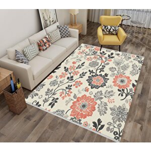 Çiçek Desenli Halı – Krem, Gri, Siyah Ve Turuncu Tonlar – Makinede Yıkanabilir, Toz Tutmaz, Kaymaz Taban, Evcil Hayvan Dostu 160x350 cm