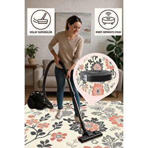 Çiçek Desenli Halı – Krem, Gri, Siyah Ve Turuncu Tonlar – Makinede Yıkanabilir, Toz Tutmaz, Kaymaz Taban, Evcil Hayvan Dostu