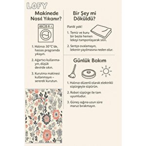 Çiçek Desenli Halı – Krem, Gri, Siyah Ve Turuncu Tonlar – Makinede Yıkanabilir, Toz Tutmaz, Kaymaz Taban, Evcil Hayvan Dostu