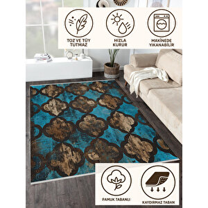 Halı – Mavi; Kahverengi; Siyah – Moroccan Desen, Pamuk Dokuma Taban, Makinede Yıkanabilir, Kolay Temizlenebilir, Toz Ve Tüy Tutmaz, Kaymaz, Evcil Hayvan Dostu 200x220 cm