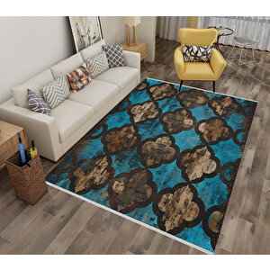 Halı – Mavi; Kahverengi; Siyah – Moroccan Desen, Pamuk Dokuma Taban, Makinede Yıkanabilir, Kolay Temizlenebilir, Toz Ve Tüy Tutmaz, Kaymaz, Evcil Hayvan Dostu