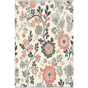Çiçek Desenli Halı – Krem, Gri, Siyah Ve Turuncu Tonlar – Makinede Yıkanabilir, Toz Tutmaz, Kaymaz Taban, Evcil Hayvan Dostu 180x270 cm