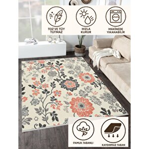 Çiçek Desenli Halı – Krem, Gri, Siyah Ve Turuncu Tonlar – Makinede Yıkanabilir, Toz Tutmaz, Kaymaz Taban, Evcil Hayvan Dostu
