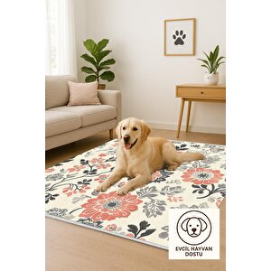 Çiçek Desenli Halı – Krem, Gri, Siyah Ve Turuncu Tonlar – Makinede Yıkanabilir, Toz Tutmaz, Kaymaz Taban, Evcil Hayvan Dostu
