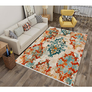 Oriental Desenli Halı – Turuncu, Turkuaz Ve Krem – Canlı Ve Etkileyici Desenler, Makinede Yıkanabilir, Kaymaz Taban, Pamuk Dokuma 150x150 cm