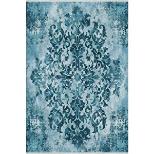 Vintage Damask Desenli Halı – Mavi Tonlar – Eskitme Sanat Dokunuşu, Kolay Temizlik, Makinede Yıkanabilir, Kaymaz Ve İnce Tabanlı