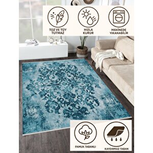 Vintage Damask Desenli Halı – Mavi Tonlar – Eskitme Sanat Dokunuşu, Kolay Temizlik, Makinede Yıkanabilir, Kaymaz Ve İnce Tabanlı