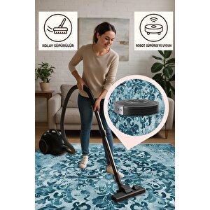 Vintage Damask Desenli Halı – Mavi Tonlar – Eskitme Sanat Dokunuşu, Kolay Temizlik, Makinede Yıkanabilir, Kaymaz Ve İnce Tabanlı