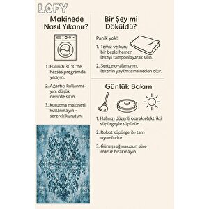 Vintage Damask Desenli Halı – Mavi Tonlar – Eskitme Sanat Dokunuşu, Kolay Temizlik, Makinede Yıkanabilir, Kaymaz Ve İnce Tabanlı