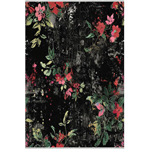 Siyah Zemin Üzerine Çiçek Desenli Halı – Cesur Ve Sanatsal Dokunuşlar – Makinede Yıkanabilir, Tüy Tutmaz, Pamuk Dokuma Tabanlı 120x270 cm