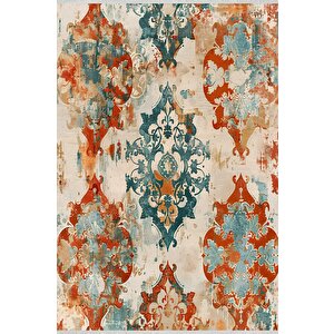 Oriental Desenli Halı – Turuncu, Turkuaz Ve Krem – Canlı Ve Etkileyici Desenler, Makinede Yıkanabilir, Kaymaz Taban, Pamuk Dokuma 200x350 cm