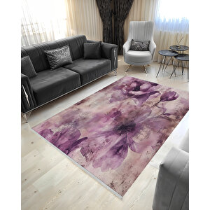 Mor Ve Pembe Renkli Floral Desenli Halı – Zarif Ve Romantik Doku – Toz Tutmaz, Makinede Yıkanabilir, Pamuk Tabanlı 120x270 cm