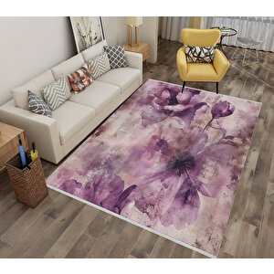 Mor Ve Pembe Renkli Floral Desenli Halı – Zarif Ve Romantik Doku – Toz Tutmaz, Makinede Yıkanabilir, Pamuk Tabanlı