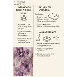 Mor Ve Pembe Renkli Floral Desenli Halı – Zarif Ve Romantik Doku – Toz Tutmaz, Makinede Yıkanabilir, Pamuk Tabanlı