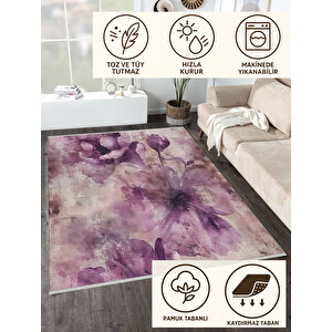 Mor Ve Pembe Renkli Floral Desenli Halı – Zarif Ve Romantik Doku – Toz Tutmaz, Makinede Yıkanabilir, Pamuk Tabanlı