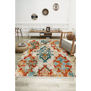 Oriental Desenli Halı – Turuncu, Turkuaz Ve Krem – Canlı Ve Etkileyici Desenler, Makinede Yıkanabilir, Kaymaz Taban, Pamuk Dokuma 200x270 cm