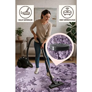 Gül Desenli Halı – Mor Ve Lila – Sanatsal Çiçek Tasarımı, Makinede Yıkanabilir, Kaymaz Ve İnce Tabanlı