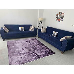 Gül Desenli Halı – Mor Ve Lila – Sanatsal Çiçek Tasarımı, Makinede Yıkanabilir, Kaymaz Ve İnce Tabanlı 120x270 cm