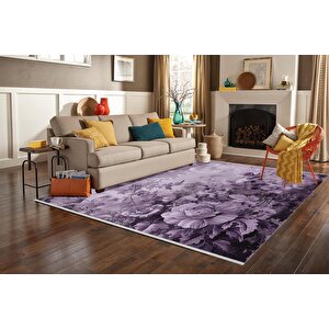 Gül Desenli Halı – Mor Ve Lila – Sanatsal Çiçek Tasarımı, Makinede Yıkanabilir, Kaymaz Ve İnce Tabanlı 120x270 cm