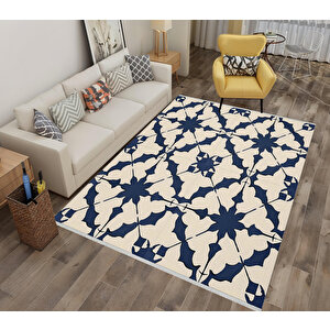 Halı – Lacivert; Krem – Geometrik Desen, Pamuk Dokuma Taban, Makinede Yıkanabilir, Kolay Temizlenebilir, Toz Ve Tüy Tutmaz, Kaymaz, Evcil Hayvan Dostu 200x220 cm