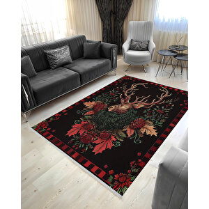 Kırmızı Siyah Geyik Halı – Doğal Temalı, Vintage Çizimli, Yıkanabilir Pamuk Tabanlı Tasarım 120x270 cm