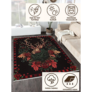 Kırmızı Siyah Geyik Halı – Doğal Temalı, Vintage Çizimli, Yıkanabilir Pamuk Tabanlı Tasarım 120x270 cm