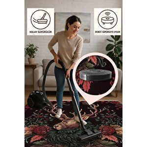 Kırmızı Siyah Geyik Halı – Doğal Temalı, Vintage Çizimli, Yıkanabilir Pamuk Tabanlı Tasarım