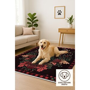 Kırmızı Siyah Geyik Halı – Doğal Temalı, Vintage Çizimli, Yıkanabilir Pamuk Tabanlı Tasarım