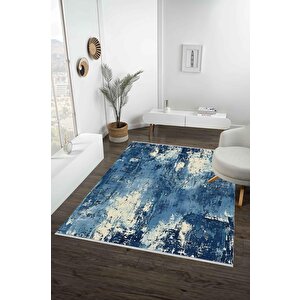 Soyut Modern Halı – Lacivert Ve Krem – Canlı Ve Çarpıcı Tasarım, Makinede Yıkanabilir, Pamuk Dokuma Taban, Kolay Temizlenebilir, Kaymaz, Toz Tutmaz, Evcil Hayvan Dostu