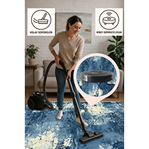Soyut Modern Halı – Lacivert Ve Krem – Canlı Ve Çarpıcı Tasarım, Makinede Yıkanabilir, Pamuk Dokuma Taban, Kolay Temizlenebilir, Kaymaz, Toz Tutmaz, Evcil Hayvan Dostu