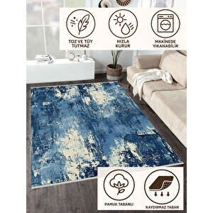 Soyut Modern Halı – Lacivert Ve Krem – Canlı Ve Çarpıcı Tasarım, Makinede Yıkanabilir, Pamuk Dokuma Taban, Kolay Temizlenebilir, Kaymaz, Toz Tutmaz, Evcil Hayvan Dostu
