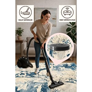 Soyut Desenli Halı – Mavi Ve Krem – Modern Ve Ferah Görünüm, Makinede Yıkanabilir, Kaymaz Ve İnce Tabanlı, Pamuk Dokuma Taban