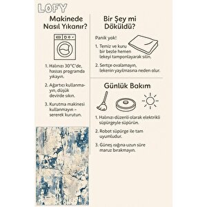 Soyut Desenli Halı – Mavi Ve Krem – Modern Ve Ferah Görünüm, Makinede Yıkanabilir, Kaymaz Ve İnce Tabanlı, Pamuk Dokuma Taban