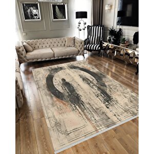 Halı – Bej; Siyah – Figüratif Desen, Pamuk Dokuma Taban, Makinede Yıkanabilir, Kolay Temizlenebilir, Toz Ve Tüy Tutmaz, Kaymaz, Evcil Hayvan Dostu 200x220 cm