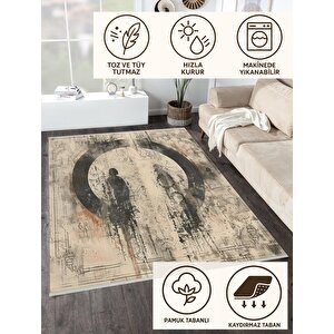 Halı – Bej; Siyah – Figüratif Desen, Pamuk Dokuma Taban, Makinede Yıkanabilir, Kolay Temizlenebilir, Toz Ve Tüy Tutmaz, Kaymaz, Evcil Hayvan Dostu 200x220 cm
