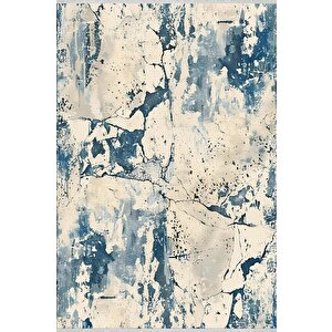 Soyut Desenli Halı – Mavi Ve Krem – Modern Ve Ferah Görünüm, Makinede Yıkanabilir, Kaymaz Ve İnce Tabanlı, Pamuk Dokuma Taban 120x270 cm