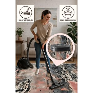 Soyut Desenli Halı – Pembe, Siyah Ve Krem – Modern Renk Geçişleriyle Şık Görünüm, Makinede Yıkanabilir, Kaymaz Taban, Pamuk Dokuma Taban