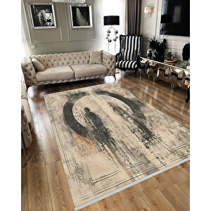 Halı – Bej; Siyah – Figüratif Desen, Pamuk Dokuma Taban, Makinede Yıkanabilir, Kolay Temizlenebilir, Toz Ve Tüy Tutmaz, Kaymaz, Evcil Hayvan Dostu 80x150 cm