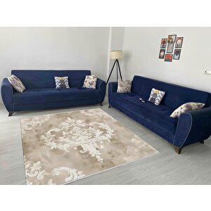 Klasik Damask Desenli Halı – Bej Ve Krem – Zamansız Asaletin Modern Yorumu, Makinede Yıkanabilir, Kolay Temizlenebilir, Kaymaz Taban, Pamuk Dokuma Taban, Evcil Hayvan Dostu 160x350 cm