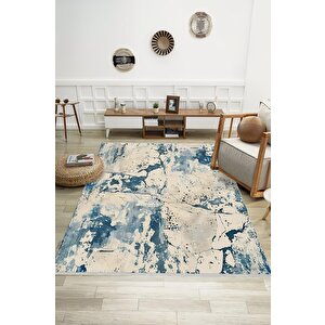 Soyut Desenli Halı – Mavi Ve Krem – Modern Ve Ferah Görünüm, Makinede Yıkanabilir, Kaymaz Ve İnce Tabanlı, Pamuk Dokuma Taban 200x220 cm