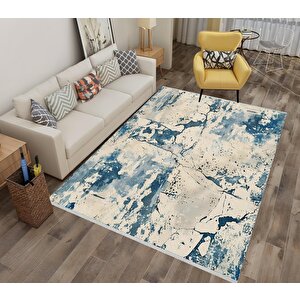 Soyut Desenli Halı – Mavi Ve Krem – Modern Ve Ferah Görünüm, Makinede Yıkanabilir, Kaymaz Ve İnce Tabanlı, Pamuk Dokuma Taban 200x220 cm