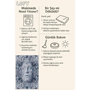 Zamansız Yüz Halı – Lacivert, Lila Ve Pudra – Sanatsal Portre Deseni, Pamuk Dokuma Taban, Makinede Yıkanabilir, Kolay Temizlenebilir, Toz Ve Tüy Tutmaz, Kaymaz, Evcil Hayvan Dostu