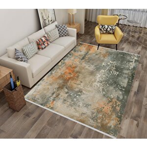 Soyut Desenli Halı – Yeşil, Turuncu Ve Bej – Doğal Tonlarda Modern Geçişler, Makinede Yıkanabilir, Kaymaz Taban, Evcil Hayvan Dostu 180x270 cm