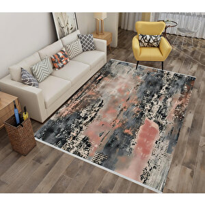 Soyut Desenli Halı – Pembe, Siyah Ve Krem – Modern Renk Geçişleriyle Şık Görünüm, Makinede Yıkanabilir, Kaymaz Taban, Pamuk Dokuma Taban 150x240 cm