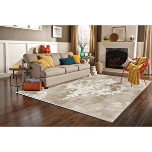 Klasik Damask Desenli Halı – Bej Ve Krem – Zamansız Asaletin Modern Yorumu, Makinede Yıkanabilir, Kolay Temizlenebilir, Kaymaz Taban, Pamuk Dokuma Taban, Evcil Hayvan Dostu 200x220 cm