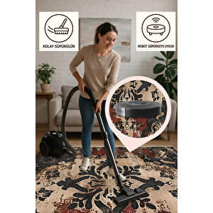 Halı – Siyah; Krem; Kahverengi; Kırmızı – Damask Desen, Pamuk Dokuma Taban, Makinede Yıkanabilir, Kolay Temizlenebilir, Toz Ve Tüy Tutmaz, Kaymaz, Evcil Hayvan Dostu