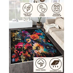 Siyah Zemin Üzerine Canlı Çiçekler – Sanatsal Ve Renkli Tasarım – Makinede Yıkanabilir, Pamuk Dokuma Tabanlı, Tüy Tutmaz