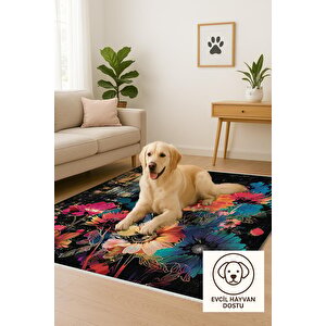 Siyah Zemin Üzerine Canlı Çiçekler – Sanatsal Ve Renkli Tasarım – Makinede Yıkanabilir, Pamuk Dokuma Tabanlı, Tüy Tutmaz